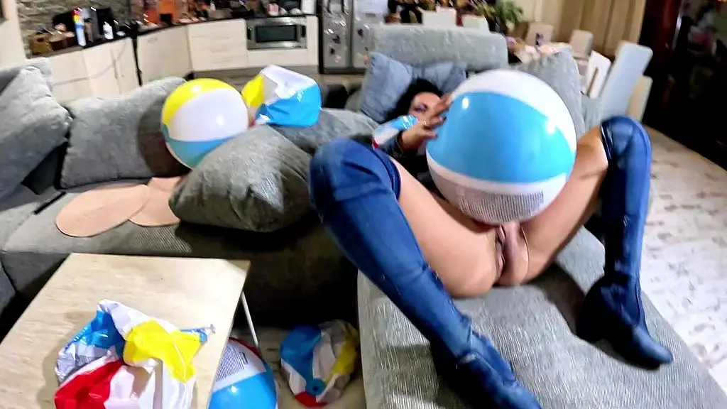denim beach ball humiliation. deepthroat, popping, doggy and double cum
