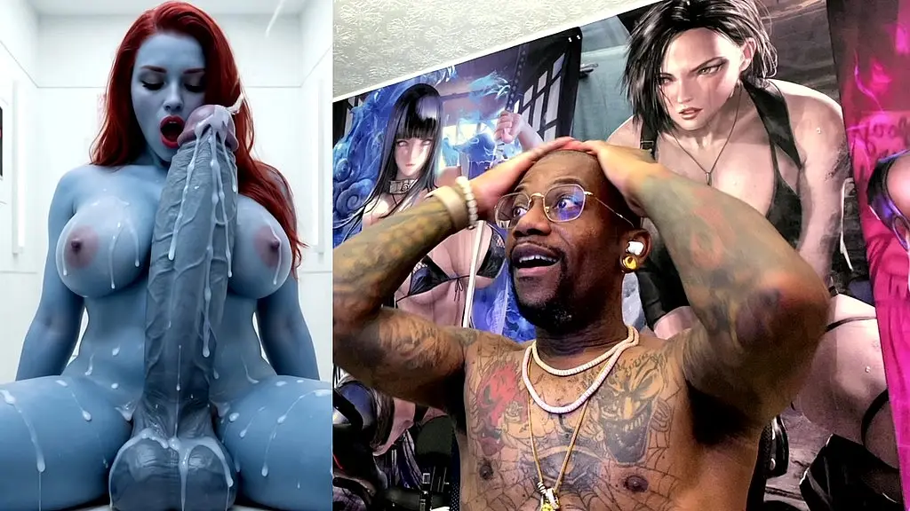 x-men mystique’s large cummy cock cumming all over herself, ai generated