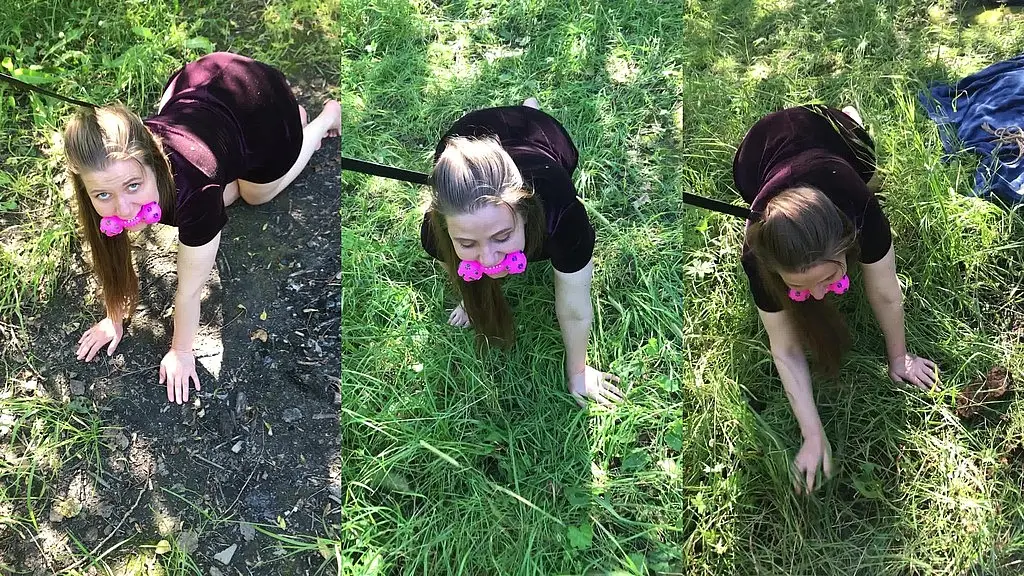 she is walked in the forest like a dog