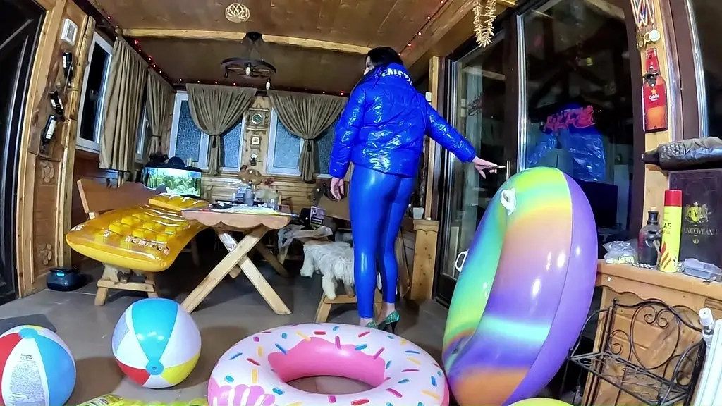dominant milf in shiny leather pants and glossy downjacket. blowjob, cameltoe, cum play and inflatable destruction preview