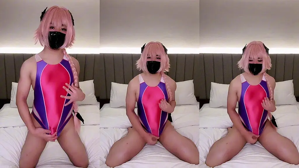 astolfo femboy rubs and cums in shiny swimsuit