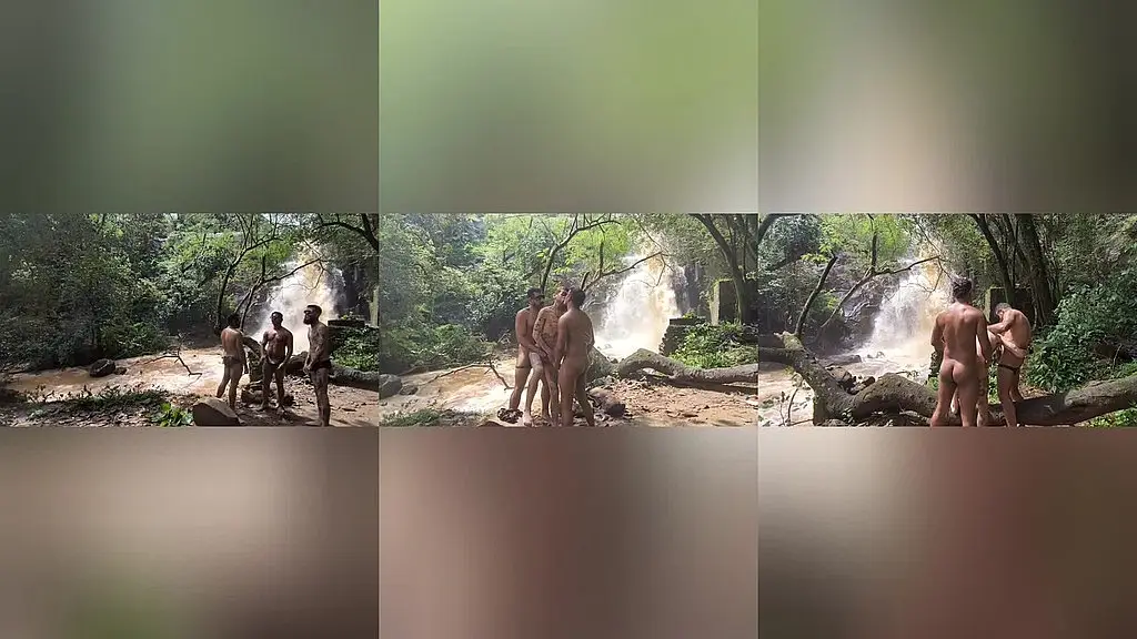 caras trepando na cachoeira ao som do ar puro