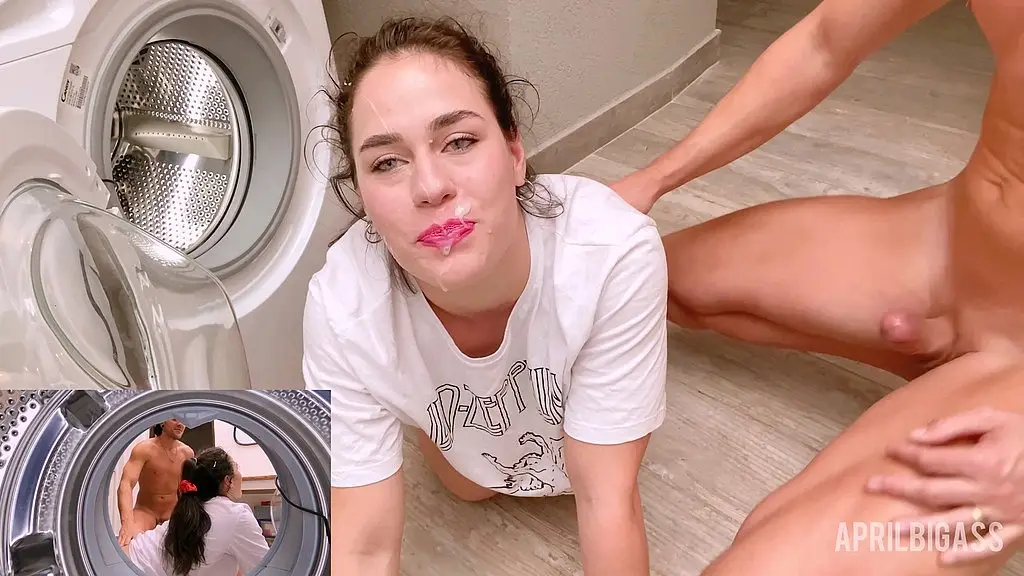 washer stuck fuck: head in the drum, dual cam, cum on her face