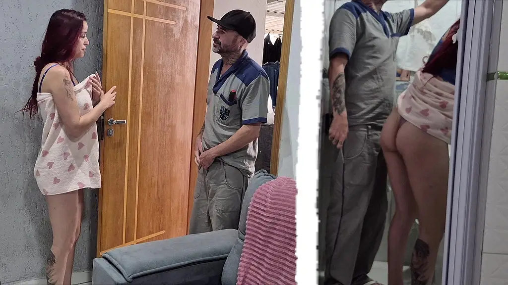 casada sozinha em casa chama encanador e o provoca se exibindo so de toalha de banho