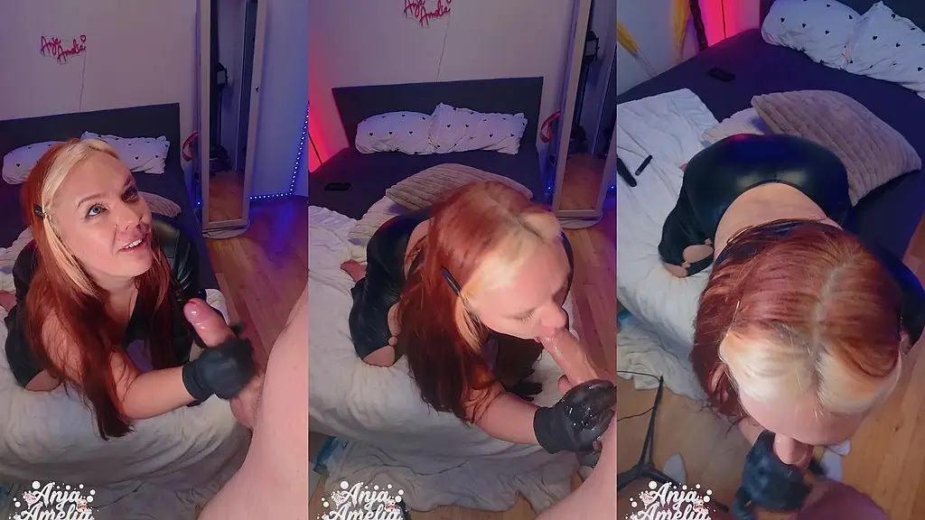 deepthroat and glove handjob quickie