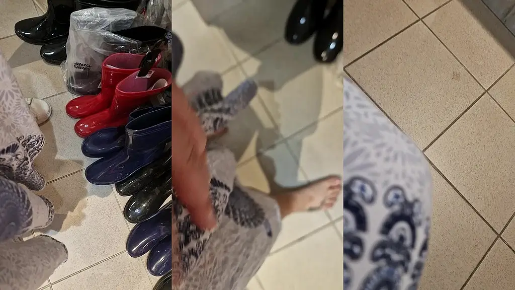 rain boots try-on: bare feet, colorful rubber