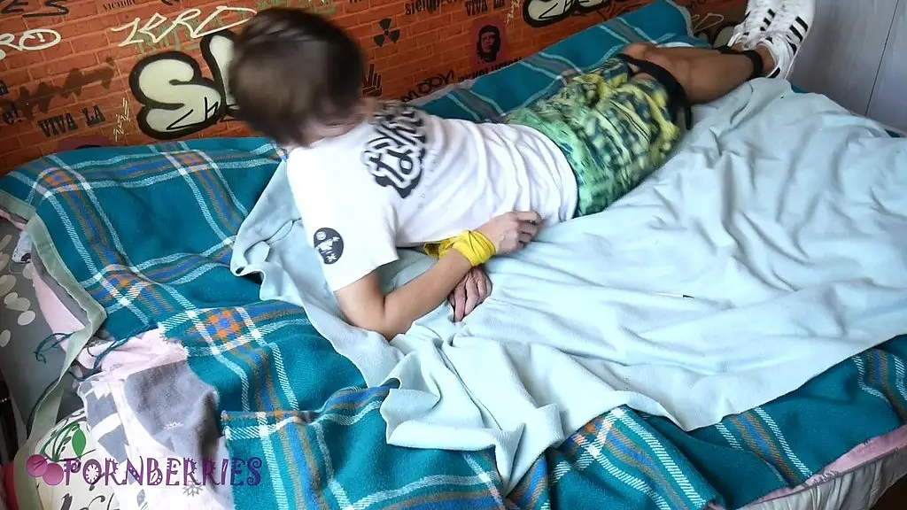 sexy boy tries to break free from ropes, but his friend comes in and makes him cum