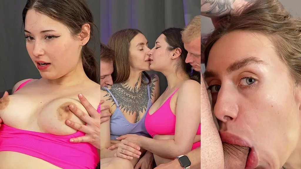 foursome, overly plump lips, thick cock, big tits, cum on face, female orgasm