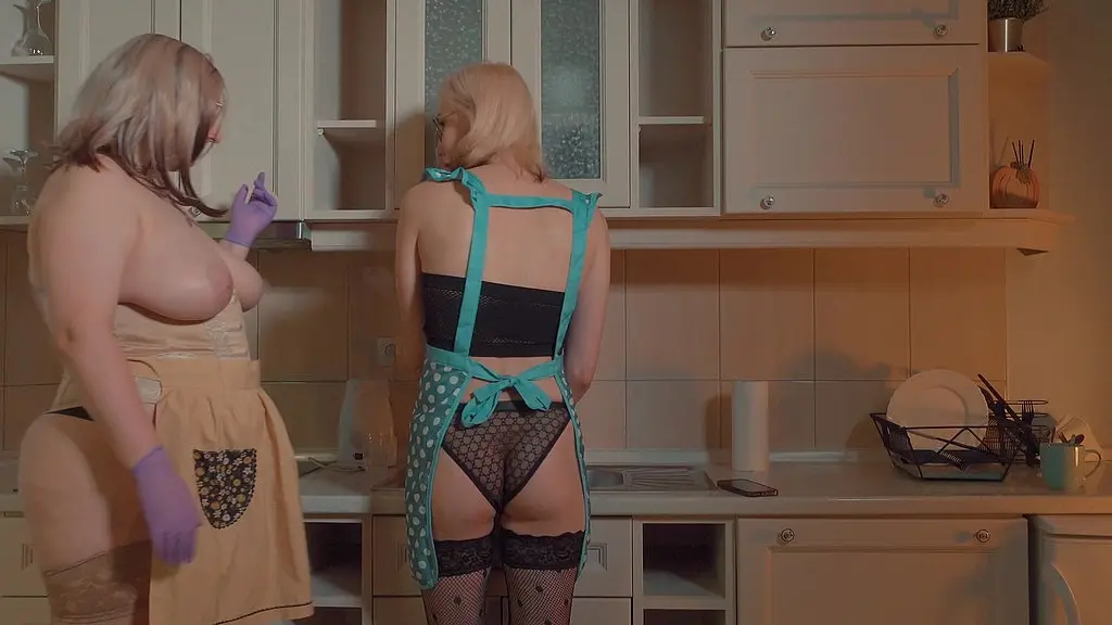 hot stepmom fucks her trans daughter in the kitchen; strap-on sex in kitchen aprons