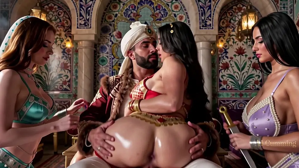 sultan meets with the most beautiful women in his harem for an orgy (ai generated)
