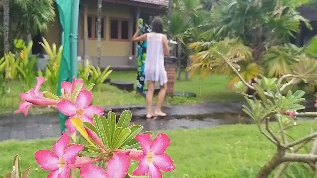 wet dress and flashing in hotel bungalow yard