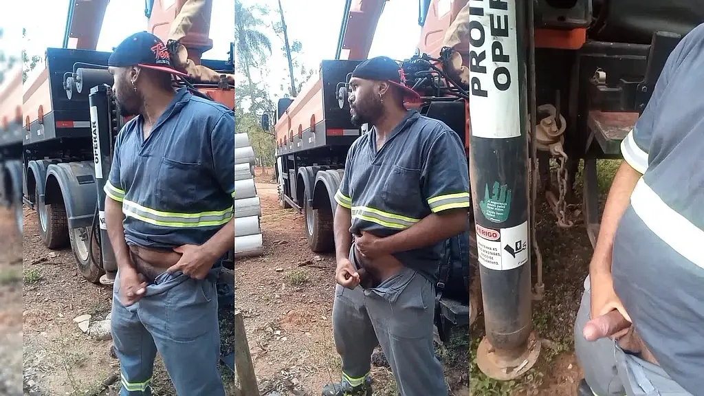 trabalhador se masturbando na obra escondido atras do caminhao da empresa